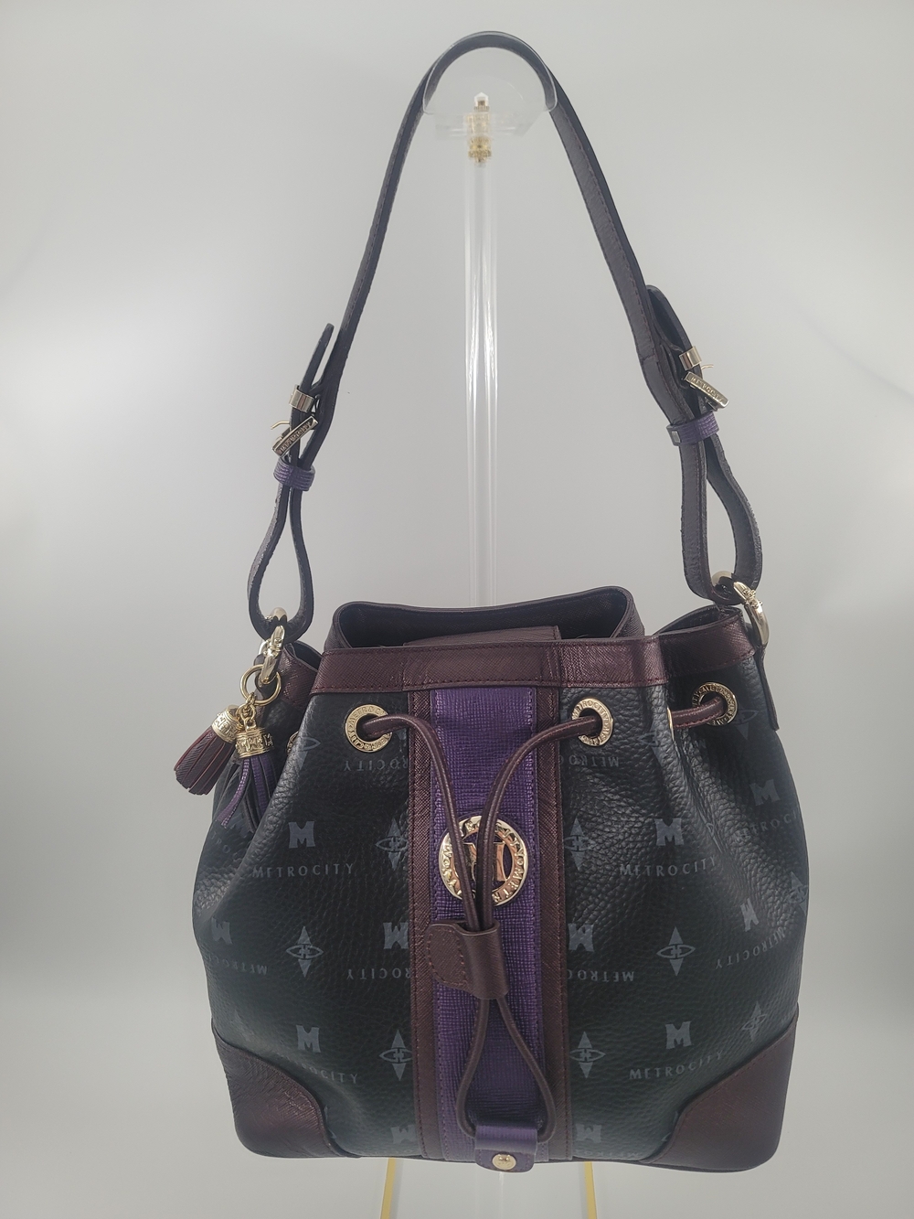Authentic Vintage METROCITY Signature Monogram Bucket Bag - Black/ Purple Leathe